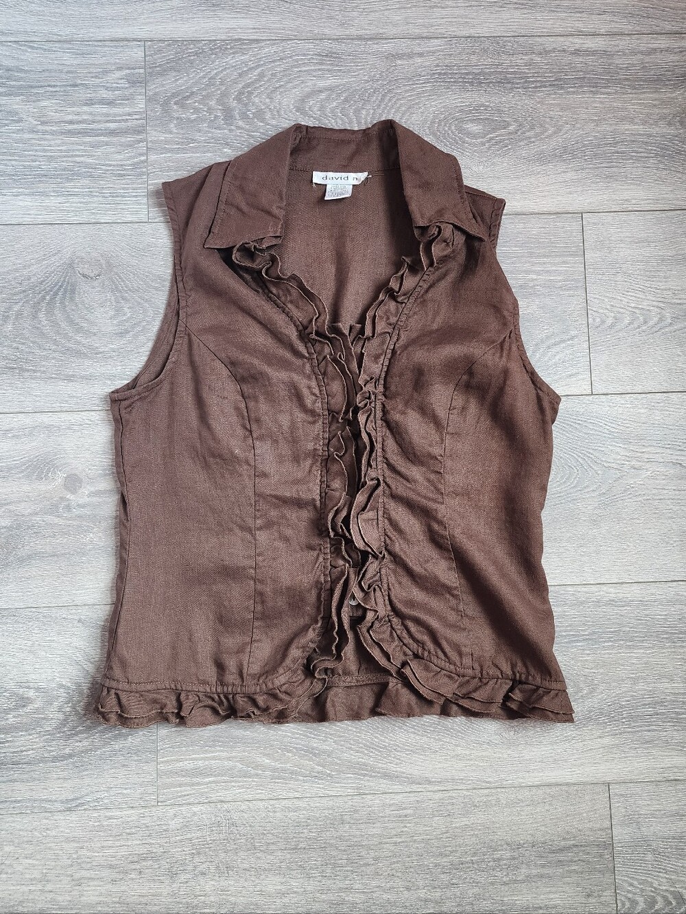 Dark Brown Sleeveless Ruffle Trim Tailored Button Up Linen Blouse Women's Large